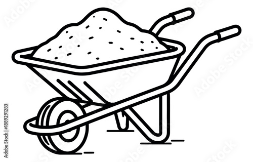 Line art illustration of a wheelbarrow depicting it loaded with sand for construction work
