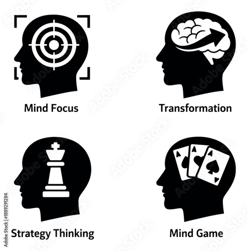 Modern solid icon set featuring mind focus, transformation, strategy thinking, and mind games for business, psychology, and cognitive processes