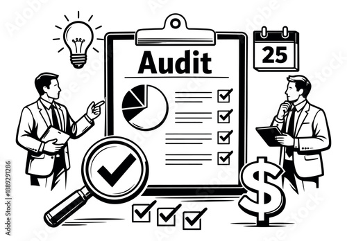 Line art audit business set featuring businessmen, a checklist, magnifying glass and financial symbols for review and analysis