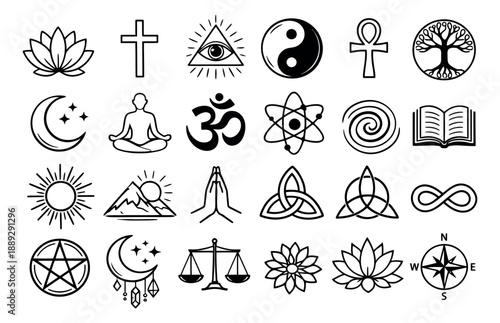 Hand drawn line art spiritual symbols set featuring lotus, cross, yin yang, om, and other religious and philosophical emblems for design projects