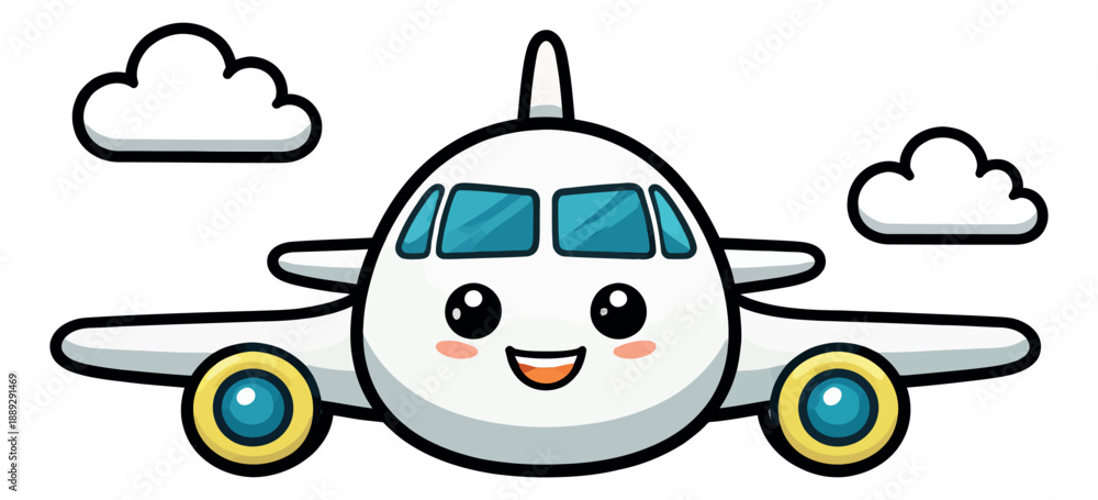 Fototapeta premium Cartoon illustration of an airplane depicting a happy smile for kids travel