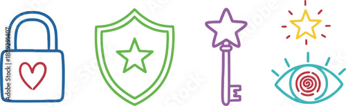 Hand drawn doodle security symbols including lock, shield, key, eye, and star in a protective illustration