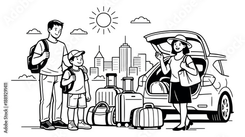 Hand drawn line art illustration of a family and car with luggage depicting preparation for summer travel