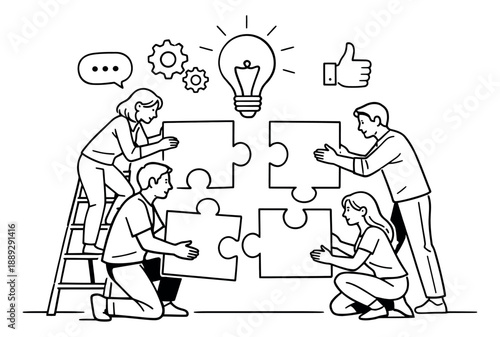 Hand drawn line art illustration of a team assembling a puzzle depicting collaboration and problem solving for business concept and teamwork