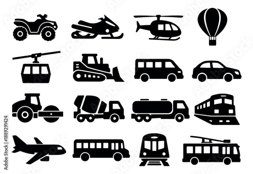 Simple silhouette icon transportation set featuring various vehicles for travel, logistics, and public services
