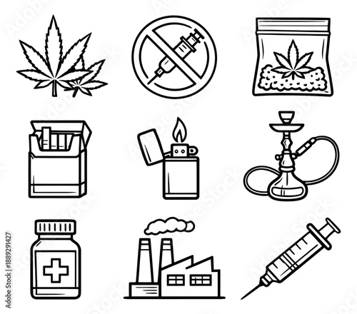 Hand drawn line art social issues and addiction icons set featuring cannabis leaves, syringes, cigarette pack, hookah, and a factory for health awareness and harmful substances