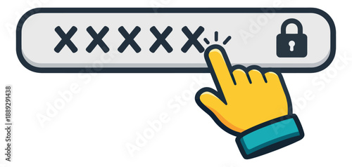 Bold line art illustration of a password input depicting a hand cursor clicking on a security field for user authentication