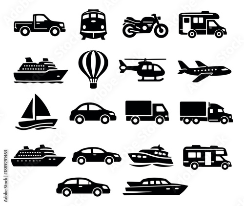 Modern silhouette transportation vehicles set featuring cars, trucks, boats, planes, trains, and a hot air balloon for travel and logistics applications
