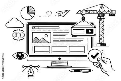 Hand drawn line art web development concept icons set featuring a computer screen, construction crane, and digital tools for website creation and optimization