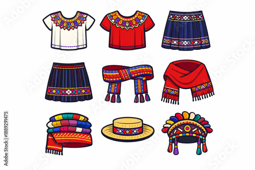 Guatemalan traditional clothing icon set in vector style
