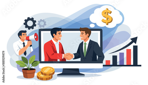 Modern flat illustration of businessmen depicting online business partnership for financial success