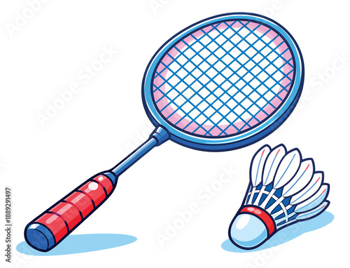 Colorful cartoon badminton equipment set featuring a racket and shuttlecock for sports and recreation