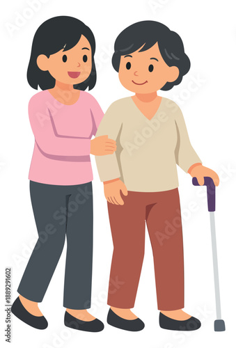 Modern flat design illustration of a young woman and an elderly woman depicting a caregiver assisting an elder with a walking cane for senior assistance and healthcare
