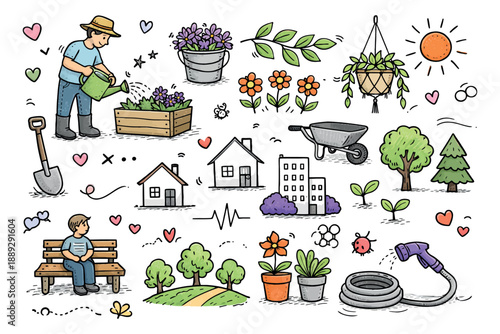 Hand drawn line art daily life set featuring gardening, nature, and urban elements for outdoor scenes