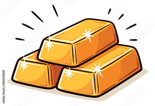 Hand drawn gold bars set featuring three shiny ingots for financial concepts