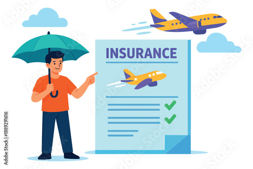 Flat style illustration of a man with an umbrella depicting a travel insurance policy for flight protection