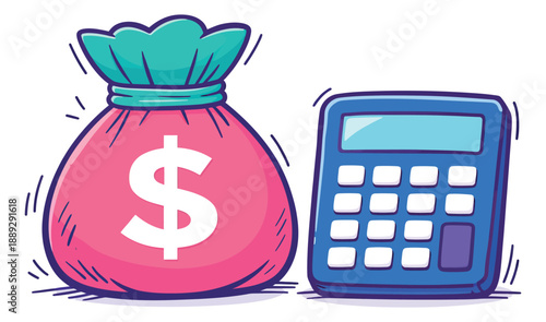 Hand drawn cartoon finance icon set featuring a money bag with a dollar sign and a calculator for budgeting and financial management
