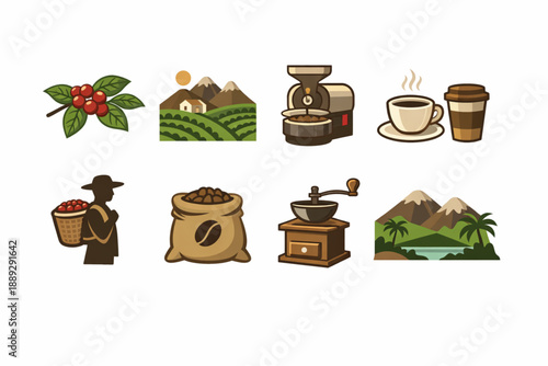 Guatemalan Coffee Culture Icons – From Farm to Cup in Flat Style