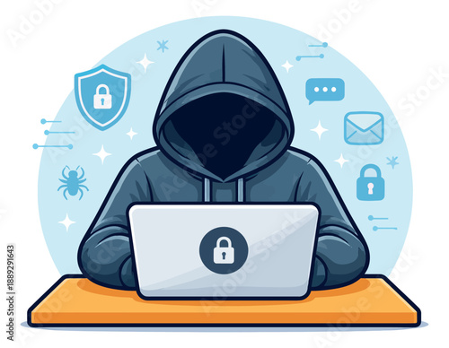 Modern cartoon illustration of a hacker working on a laptop for cybersecurity concepts