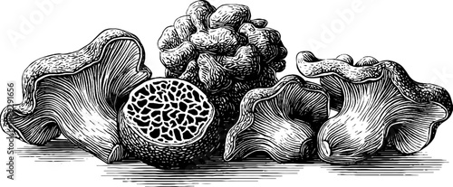 Vintage botanical engraving of truffle fungus cross section from 19th century
