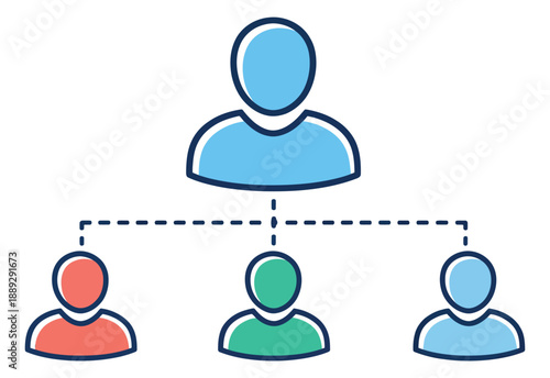 Hand drawn line art illustration of an organizational hierarchy depicting a reporting structure for business management