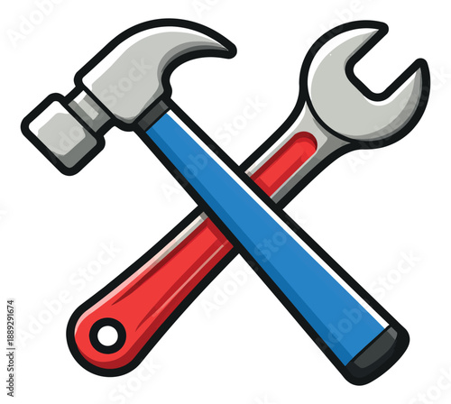 Cartoon style illustration of a hammer and wrench depicting crossed tools for repair and maintenance services