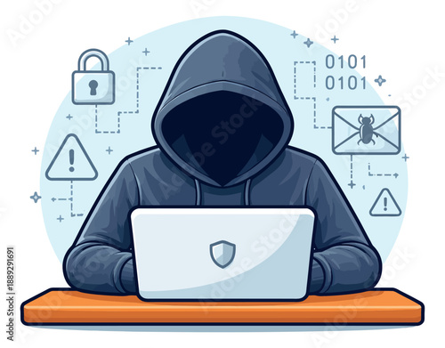 Graphic illustration of an anonymous hacker depicting cyber security threats for digital protection
