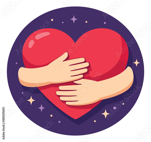 Cartoon illustration of hands embracing a red heart depicting love and care for empathy and support