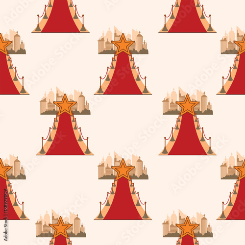 Red carpet for awards ceremony seamless pattern. City silhouette in the background and star. Cartoon objects drawn in perspective. Vector print on fabric and paper. Endless wallpaper, backdrop, cover.