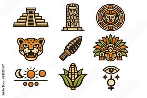 Mayan civilization icon set in vector style