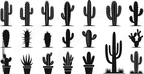 Black and white cactus silhouette illustration set featuring desert plants, succulents, potted cacti, and botanical western style artwork
