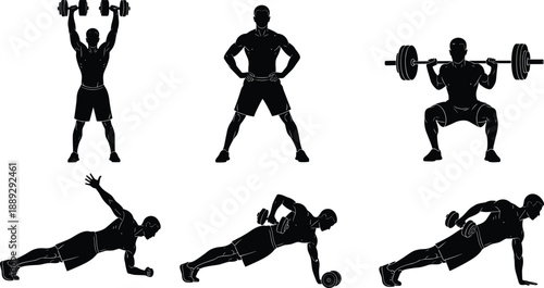 Black and white fitness workout silhouette illustration set featuring weightlifting, squats, planks, dumbbell exercises, and strength training poses