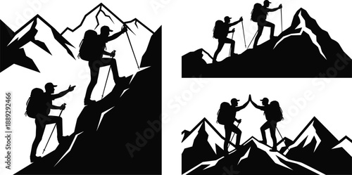 Black and white mountain hiking silhouette illustration set featuring backpackers climbing peaks, teamwork adventure scenes, and outdoor exploration concept