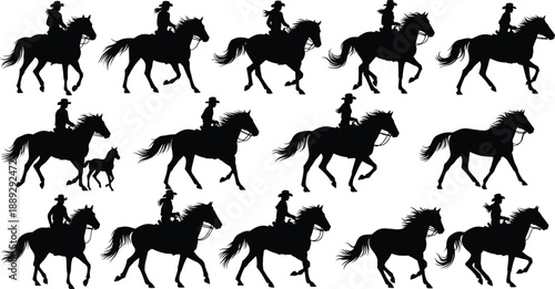 Black and white cowboy horse silhouette collection featuring western riders, galloping horses, ranch scenes, and classic rodeo style illustrations