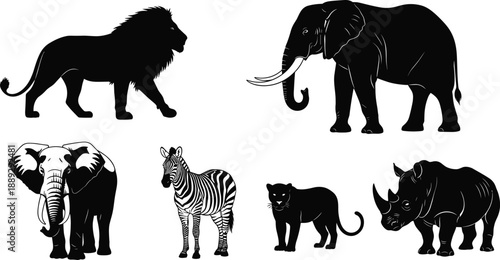 Black and white African wildlife silhouette illustration set featuring lion, elephant, zebra, rhinoceros, and big cat animals