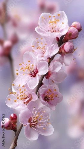 apricot blossom branch with pale pink flowers, early spring garden, photorealistic macro look