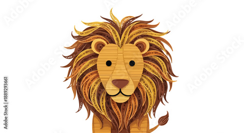 A colorful illustration of a lion's head with a long mane on a white background.