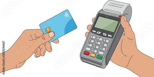 Close up illustration of hands using contactless credit card with POS terminal for secure wireless payment representing modern fintech, retail banking, and cashless transaction technology.