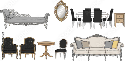 Elegant vintage furniture collection featuring classic Victorian style sofa, chaise longue, ornate mirror, dining set, and luxury armchairs for interior design and home decor concepts.