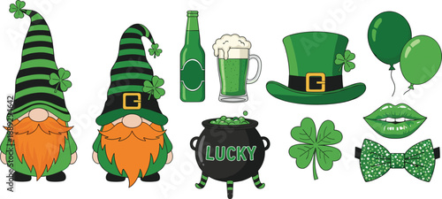 Festive Saint Patrick's Day celebration collection featuring lucky gnomes, green beer, leprechaun hat, pot of gold, shamrocks, and Irish themed party accessories for holiday design.