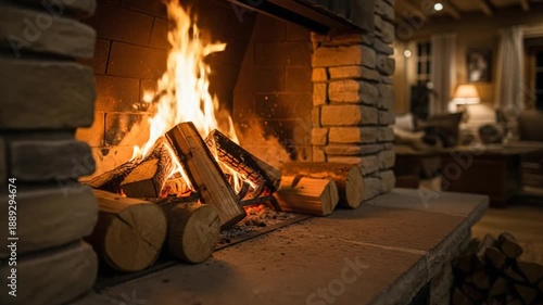 Cozy Fireplace with Burning Logs and Warm Glow