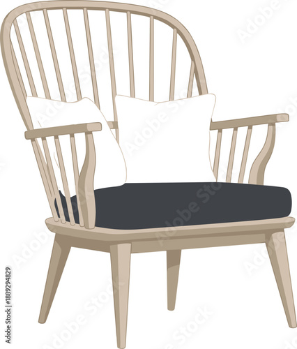 Minimalist wooden spindle armchair with black cushion and white pillows for modern Scandinavian home decor, hygge interior design, and cozy living room furniture illustration.