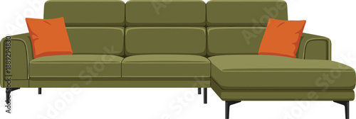 Modern Olive Green Sectional L-Shaped Sofa with Orange Throw Pillows for Living Room Interior Design Furniture Showroom Catalog and Comfortable Home Decor Concept Illustration