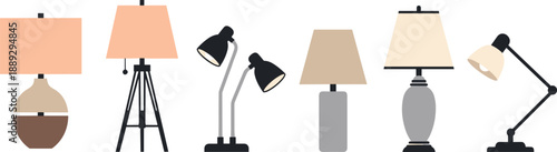 Modern Table Lamp Collection Vector Set with Desk Lamps Tripod Lighting and Decorative Bedside Nightstand Light Fixtures for Interior Home Design and Office Decor Illustration