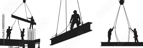 Silhouettes of construction workers lifting steel beams with cranes, showcasing teamwork, safety gear, and structural labor in industrial building environments