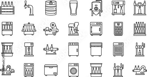 Brewery and beverage production line icon set with bottling, fermentation tanks, filling machines, refrigeration, and industrial equipment