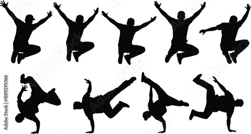 Men dance silhouettes set, jumping and breakdance poses, energetic male movement, hip hop and street dance vector illustration