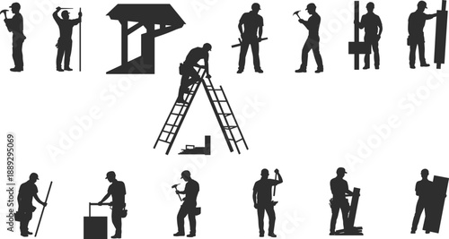 Silhouettes of construction workers using tools and building structures, representing skilled labor, craftsmanship, and teamwork in industrial job site environments