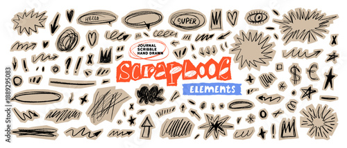 Retro scrapbook doodle scribble stickers set. Crayon drawn decorative collage shapes, torn paper edges. Scrapbook shapes for notes, journal, zine design. Daily planner and dairy craft stickers.