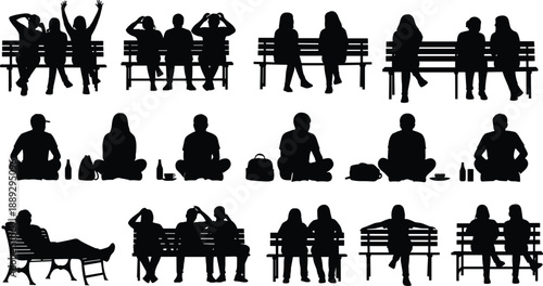 People sitting on park bench silhouettes set, men and women social interaction, leisure and waiting poses, black vector illustration